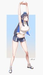  1girl absurdres arched_back armpits arms_up black_hair blue_eyes blue_hair blue_shorts blunt_bangs blunt_ends blush breasts cammy_stretch_(meme) center-flap_bangs closed_mouth colored_inner_hair dolphin_shorts ear_piercing full_body hair_intakes high_tops highres hime_cut hololive hololive_english interlocked_fingers large_breasts leaning_forward long_hair looking_at_viewer meme midriff multicolored_hair navel official_alternate_costume official_alternate_hair_length official_alternate_hairstyle ouro_kronii ouro_kronii_(casual) piercing shirt shoes shorts sidelocks signature sleeveless sleeveless_turtleneck smile sneakers solo sportswear stretching toned turtleneck virtual_youtuber white_footwear white_shirt zenya 