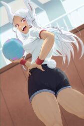  1girl :d absurdres animal_ears ball black_shorts boku_no_hero_academia breasts clothing_cutout commentary_request dark-skinned_female dark_skin from_behind hand_on_own_hip highres holding holding_ball large_breasts long_hair looking_at_viewer matsumotoshinnnosuke mirko open_mouth playing_sports rabbit_ears rabbit_girl rabbit_tail red_eyes red_wristband shirt shorts smile solo tail tail_through_clothes teeth thighs toned upper_teeth_only volleyball volleyball_(object) white_hair white_shirt  rating:Sensitive score:19 user:danbooru
