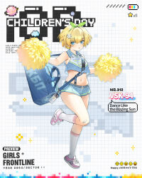  1girl aged_down bag bandaid bandaid_on_knee bandaid_on_leg battery_indicator blonde_hair blue_bag blue_eyes blue_shirt blue_shorts blush character_name cheerleader children&#039;s_day collared_shirt commentary company_name copyright_name duffel_bag english_commentary full_body girls&#039;_frontline green_hairband grid_background hair_ornament hairband highres holding holding_pom_poms id_card looking_at_viewer micro_shorts midriff mole mole_under_eye navel official_alternate_costume official_art open_mouth pink_footwear planet pom_pom_(cheerleading) pom_poms second-party_source shirt shoes short_hair shorts siqi_(miharuu) sleeveless sleeveless_shirt sneakers snowflake_hair_ornament socks solo standing standing_on_one_leg star_(symbol) sweat vsk-94_(dance_like_the_blazing_sun)_(girls&#039;_frontline) vsk-94_(girls&#039;_frontline) white_socks 