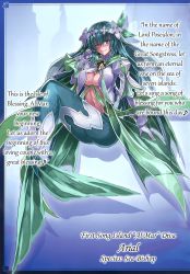  1girl arial_(monster_girl_encyclopedia) ass blue_eyes blush breasts cleavage cleavage_cutout clothing_cutout crown fins green_hair highres jewelry kenkou_cross large_breasts looking_at_viewer mermaid midriff monster_girl monster_girl_encyclopedia monster_girl_encyclopedia_world_guide_side_iii:_court_alf-divas_of_the_city_of_water navel necklace official_art revealing_clothes sea_bishop smile tail text_focus translated underboob underboob_cutout 