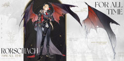  &gt;:) 1boy aiguillette alternate_costume aqua_eyes ascot bat_wings black_background black_bow black_bowtie black_cape black_footwear black_gloves black_horns black_jacket black_pants black_wings blonde_hair bow bowtie cape character_name character_sheet chinese_text closed_mouth collared_shirt copyright_name curtained_hair demon_boy demon_horns demon_wings english_text flower fold-over_boots full_body fur-trimmed_cape fur_trim gloves gold_trim gradient_wings grey_cape hand_on_own_hip hand_up highres holding holding_flower horns jacket lapels lars_rorschach long_hair long_sleeves looking_at_viewer lovebrush_chronicles low_ponytail male_focus multicolored_wings notched_lapels official_art pants parted_bangs red_ascot red_flower red_rose red_wings rose shirt side_cape sleeve_cuffs smile solo standing sunburst thigh_strap torn_wings two-sided_cape two-sided_fabric v-shaped_eyebrows white_background white_shirt wings 