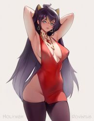  1girl absurdres armpits arms_up bare_shoulders black_hair black_thighhighs blonde_hair blue_eyes breasts collaboration commentary crossed_bangs dangle_earrings dark-skinned_female dark_skin dehya_(genshin_impact) dress earrings english_commentary gem genshin_impact gold_choker hair_between_eyes hair_ears highres holy_meh jewelry large_breasts long_hair looking_at_viewer multicolored_hair necklace no_panties parted_lips red_dress red_gemstone rovintus skindentation solo streaked_hair thighhighs thighs toned_female two-tone_hair very_long_hair white_background yellow_pupils 