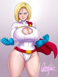  1girl android_18 artist_name bare_legs blonde_hair blue_eyes breasts cape cleavage_cutout clothing_cutout curvy dc_comics dragon_ball dragonball_z ghostar_art huge_breasts power_girl_(cosplay) thick_thighs thighs 