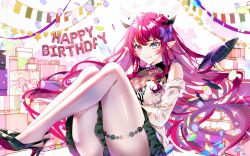  1girl asymmetrical_wings bare_shoulders black_skirt black_wings blue_eyes blush breasts covered_collarbone detached_wings double_halo gift hair_ribbon halo happy_birthday heterochromia highres hololive hololive_english horns irys_(hololive) large_breasts long_hair looking_at_viewer mismatched_wings multicolored_hair purple_eyes purple_hair purple_ribbon red_hair ribbon see-through see-through_shirt shirt skirt solo sowon star_halo strapless strapless_shirt streaked_hair thighhighs thighs very_long_hair virtual_youtuber white_thighhighs white_wings wings 