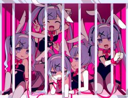 5girls ^_^ animal_ears black_leotard bound bound_wrists bow bowtie cage clone closed_eyes clothing_cutout commentary_request fake_animal_ears hair_ornament hairband hatsune_miku head_rest heart_cutout in_cage leotard long_hair looking_at_viewer lying multiple_girls necktie nontraditional_playboy_bunny open_mouth own_hands_together pantyhose purple_eyes purple_hair rabbit_ears rabbit_hole_(vocaloid) red_bow red_bowtie red_necktie ribbon ribbon_bondage sato_(r017xts117) sitting smile spaghetti_strap standing teardrop_facial_mark twintails v vocaloid white_hairband x_hair_ornament 