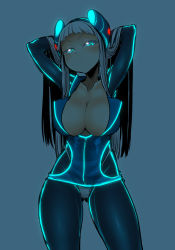  1girl arms_behind_head arms_up blue_background blue_eyes blush bodysuit breasts closed_mouth collarbone commentary_request dress electro_emilia gluteal_fold headgear highleg highleg_panties ken_(koala) large_breasts long_hair long_sleeves looking_at_viewer neon_trim original pale_skin panties shiny_skin short_dress simple_background skin_tight solo underwear white_hair 