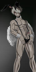  1boy abs absurdres costume highres juuni_taisen looking_at_viewer male_focus muscular muscular_arms muscular_legs muscular_male penis rabbit_ears rabbit_tail red_eyes sexyanimes smile standing usagi_(juuni_taisen) white_hair  rating:Questionable score:1 user:Sexyanimes