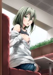  1girl areola_piercing blush breasts clothes_lift flashing green_eyes green_hair highres looking_at_viewer nipple_piercing nipples oppai_challenge piercing public_indecency shirt_lift short_hair sitting small_breasts solo sweat urabuko  rating:Questionable score:56 user:danbooru
