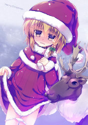  1girl akahito assisted_exposure bad_id bad_pixiv_id bell blush brown_eyes brown_hair capelet christmas clothes_lift english_text fur_trim hair_ornament hat looking_at_viewer merry_christmas open_mouth original panties panty_pull reindeer sack santa_costume santa_hat short_hair skirt skirt_lift solo tears underwear white_panties  rating:Questionable score:8 user:danbooru