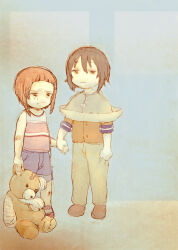  2girls abstract_background aged_down bandaid bandaid_on_arm blue_background blunt_bangs bob_cut boko_(girls_und_panzer) brown_eyes brown_hair brown_pants child clothes_grab clothing_request crying crying_with_eyes_open denim denim_shorts expressionless frown full_body furrowed_brow girls_und_panzer half-closed_eyes highres holding holding_hands holding_stuffed_toy inverted_bob multiple_girls nishizumi_maho nishizumi_miho orange_shirt pants payama pink_shirt pout shirt short_bangs short_hair shorts siblings sisters sleeveless sleeveless_shirt standing striped_clothes striped_shirt stuffed_animal stuffed_toy tears teddy_bear wavy_mouth 