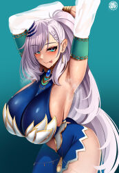  1girl absurdres aqua_eyes armpits blue_background blush braid breasts closed_mouth detached_sleeves earrings french_braid grey_hair highres hololive hololive_indonesia huge_breasts jewelry long_hair looking_at_viewer pavolia_reine pavolia_reine_(1st_costume) ponytail presenting_armpit sideboob smell solo steam steaming_body tongue tongue_out very_long_hair virtual_youtuber whitewaffle  rating:Sensitive score:47 user:danbooru