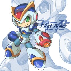  1boy android arm_cannon commentary english_commentary english_text first_armor_x_(mega_man) green_eyes helmet highres iikoao male_focus mega_man_(series) mega_man_x1 mega_man_x_(series) mixed-language_commentary smile solo weapon x_(mega_man) 