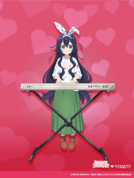  1girl 2024 ankle_boots artist_request blue_hair blush boots bow brown_footwear closed_mouth clothes_writing copyright_name copyright_notice dot_nose double-parted_bangs eyelashes full_body gradient_background green_eyes green_skirt hair_bow heart heart_background heart_print highres instrument keyboard_(instrument) kimi_no_koto_ga_dai_dai_dai_dai_daisuki_na_100-nin_no_kanojo long_hair long_skirt long_sleeves looking_at_viewer music official_art pigeon-toed playing_instrument pleated_skirt purple_background shirt skirt smile solo standing straight-on very_long_hair wavy_hair white_bow white_shirt yoshimoto_shizuka 