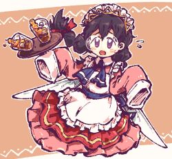  1girl apron black_hair blush_stickers cup fairy_wings flying_sweatdrops freckles full_body glasses ice ice_cube kirby_(series) kirby_64 maid_apron maid_headdress nanami_(13mimi) nintendo ripple_star_queen round_eyewear sleeves_past_fingers sleeves_past_wrists solo wings 