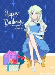  &gt;_&lt; 1girl animalization arikindows10 bare_shoulders bead_necklace beads blonde_hair blue_background blue_dress blue_eyes blue_flower blue_gloves blue_rose bound box chair closed_mouth corsage crossed_legs dated diana_cavendish dress elbow_gloves english_text flower full_body gift gloves happy_birthday highres jewelry kagari_atsuko little_witch_academia looking_at_viewer mouse_(animal) necklace rose sitting smile sparkle tied_up_(nonsexual) wavy_hair wrapped_up 