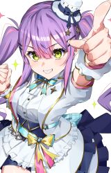  1girl :d absurdres clenched_hand clenched_teeth collared_shirt commentary_request cropped_jacket dress frills green_eyes hat highres hololive idol_clothes long_hair looking_at_viewer mini_hat mini_top_hat neck_ribbon open_mouth pointing pointing_up purple_hair r_h_0502 ribbon shirt sidelocks smile solo teeth tokoyami_towa top_hat torso twintails very_long_hair waist_ribbon white_dress wrist_cuffs 