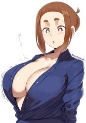  1girl absurdres blue_shirt breasts bright_pupils brown_eyes brown_hair bursting_breasts cleavage collared_shirt commentary english_commentary flying_button hair_bun highres huge_breasts kaii_to_otome_to_kamikakushi micchan_(micchanmeido) mole mole_under_eye no_bra ogawa_sumireko open_mouth popped_button shirt short_eyebrows sidelocks solo thick_eyebrows twitter_username upper_body wardrobe_malfunction white_background white_pupils  rating:Sensitive score:18 user:danbooru