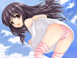 1girl ass black_hair brown_eyes clothes_lift copyright_request dress dress_lift english_text engrish_text loli panties pantyshot pink_panties pink_thighhighs ranguage socks solo striped_clothes striped_panties striped_socks striped_thighhighs thighhighs underwear uni8 rating:Questionable score:46 user:danbooru
