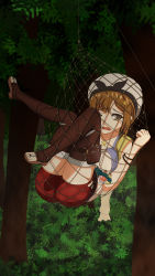1girl absurdres artist_request ass atelier_(series) atelier_ryza bare_shoulders blush boots breasts brown_eyes brown_hair hair_ornament hair_ribbon hairclip hat highres looking_at_viewer net one_eye_closed open_mouth red_shorts reisalin_stout ribbon shiny_skin short_hair short_shorts shorts solo thigh_boots thighhighs wince rating:Questionable score:1 user:armorcrystal