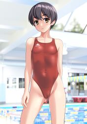  1girl absurdres black_hair breasts brown_eyes cameltoe commentary_request competition_swimsuit covered_navel cowboy_shot highleg highleg_swimsuit highres indoors lane_line one-piece_swimsuit original parted_lips pool red_one-piece_swimsuit short_hair small_breasts solo standing string_of_flags swimsuit takafumi tomboy variant_set  rating:Sensitive score:4 user:danbooru