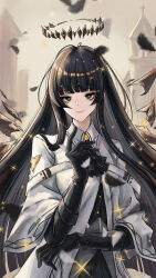  1girl antenna_hair architecture arknights ascot black_ascot black_bustier black_eyes black_feathers black_gloves black_hair black_halo black_skirt black_wings blunt_bangs blurry blurry_background breasts broken_halo building bustier buttons chinese_commentary church clear_sky closed_mouth collared_jacket colored_inner_hair commentary_request cross dark_halo day depth_of_field detached_wings diamond-shaped_pupils diamond_(shape) energy_wings falling_feathers feathers gloves grey_hair grey_shirt grey_sky hair_flowing_over halo hand_up highres hime_cut index_finger_raised jacket latin_cross layered_sleeves light_smile long_hair long_sleeves looking_at_viewer mole mole_under_eye multicolored_hair outdoors pleated_skirt qi_yueyao shadow shirt short-sleeved_jacket short_over_long_sleeves short_sleeves sidelocks skirt sky small_breasts solo sparkle standing straight_hair strap sunlight symbol-shaped_pupils two-tone_hair upper_body very_long_hair virtuosa_(arknights) white_jacket wide_sleeves wing_collar wings yellow_pupils 