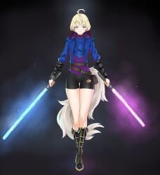 1girl ahoge belt bike_shorts black_background black_footwear black_shorts blonde_hair blue_eyes blue_lightsaber boots commission energy_sword fake_tail fire_emblem fire_emblem_engage glowing glowing_weapon gluteal_fold highres holding holding_lightsaber holding_weapon hood hood_down hooded_jacket igni_tion jacket lightsaber long_sleeves looking_at_viewer merrin_(fire_emblem) nintendo purple_lightsaber purple_shirt shirt short_hair shorts smile solo star_wars sword tail weapon wolf_tail 