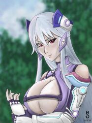 1girl armor bodysuit breasts chidorigafuchi_aine cleavage ear_covers exposed_chest forehead forest gauntlets gloves headpiece large_breasts leotard long_hair masou_gakuen_hxh nature red_eyes white_hair