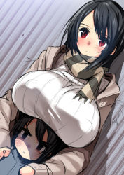 1boy 1girl :x age_difference bad_id bad_pixiv_id black_hair breast_rest breasts breasts_on_head gen_(black_factory) hetero highres huge_breasts long_hair original red_eyes ribbed_sweater scarf shota sweater rating:Questionable score:94 user:danbooru