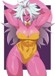  1girl absurdres android_21 armpits arms_behind_head arms_up black_sclera breasts cleavage colored_sclera colored_skin dragon_ball dragon_ball_fighterz drakkaiart female_focus gluteal_fold highres large_breasts leotard licking_lips long_hair looking_at_viewer majin_android_21 muscular muscular_female pink_skin red_eyes solo tail thick_thighs thighs tongue tongue_out white_hair 