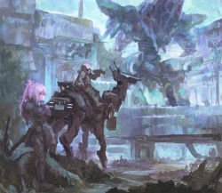  2others 3girls black_eyes building crossed_arms hair_between_eyes holding holding_megaphone long_hair mecha megaphone multiple_girls multiple_others original outdoors painterly photoshop_(medium) pink_hair ponytail riding robot rubble ruins silhouette sitting size_difference standing traplus utility_pole 