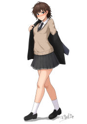  1girl amagami black_eyes black_footwear black_jacket black_necktie blazer blush brown_hair closed_mouth collared_shirt full_body grey_skirt grey_sweater hair_ornament hairpin highres itou_kanae_(amagami) jacket kibito_high_school_uniform loafers long_sleeves looking_at_viewer miniskirt mori_heichi necktie open_clothes open_jacket pleated_skirt school_uniform shirt shoes short_hair signature simple_background skirt socks solo standing sweater undressing walking white_background white_shirt white_socks 