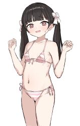  1girl absurdres bare_arms bare_shoulders bikini black_hair blush bow brown_eyes collarbone covered_erect_nipples female_focus groin hair_bobbles hair_bow hair_ornament hands_up highres loli long_hair looking_at_viewer open_mouth original side-tie_bikini_bottom simple_background solo standing striped striped_bikini sweat swimsuit takenoko_no_you twintails white_background white_bow  rating:Questionable score:65 user:danbooru