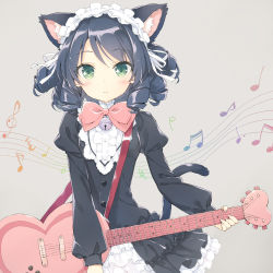 10s 1girl animal_ears bell black_hair blush bow cat_ears cat_tail curly_hair cyan_(show_by_rock!!) dress drill_hair green_eyes guitar instrument jingle_bell kani_biimu looking_at_viewer musical_note pink_bow quaver show_by_rock!! smile solo strawberry_heart_(show_by_rock!!) tail treble_clef rating:Sensitive score:27 user:danbooru