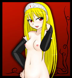  00s 1girl blonde_hair breasts elbow_gloves fang gloves hime_(kaibutsu_oujo) kaibutsu_oujo miyanii_(myanie) nipples nude red_eyes small_breasts solo  rating:Questionable score:21 user:danbooru