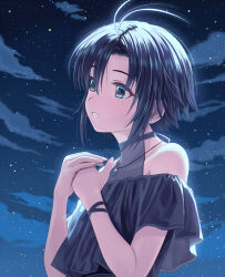  1girl antenna_hair bare_shoulders black_dress black_eyes black_hair cloud commentary_request dress flat_chest highres idolmaster idolmaster_(classic) jewelry kikuchi_makoto looking_to_the_side moonlight necklace nekopuchi night outdoors own_hands_together short_hair sky solo star_(sky) starry_sky upper_body 