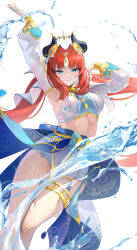  1girl absurdres aqua_eyes armpits arms_up blue_gemstone blue_skirt blunt_bangs breasts brooch circlet closed_mouth dancer detached_sleeves fake_horns feet_out_of_frame floating_hair gem genshin_impact gold_trim hand_up harem_outfit highres horns hydrokinesis jewelry jira_(0116) legs_together long_sleeves looking_at_viewer medium_breasts neck_ring nilou_(genshin_impact) parted_bangs puffy_long_sleeves puffy_sleeves red_hair short_shorts shorts sidelocks skirt smile solo thighlet twintails water wet white_background white_shorts white_veil  rating:Sensitive score:14 user:danbooru