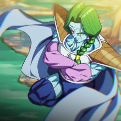  1boy blue_skin blue_thighhighs blurry blurry_background braid braided_ponytail cape closed_mouth colored_skin commentary_request crossed_arms dragon_ball dragonball_z earrings green_hair jewelry looking_at_viewer male_focus muscular muscular_male namek rom_(20) smile thighhighs white_cape yellow_eyes zarbon 