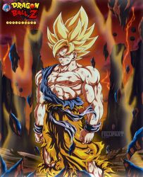  1boy abs aura commentary commission debris dougi dragon_ball dragonball_z english_commentary fellipart highres looking_at_viewer muscular muscular_male orange_pants pants pectorals solo son_goku spiked_hair super_saiyan super_saiyan_1 torn torn_clothes torn_pants tree watermark wristband yellow_aura 