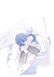  1boy angel bad_id bad_pixiv_id barefoot blue_hair blue_theme highres kaito_(vocaloid) male_focus mouri scarf solo vocaloid wings  rating:Sensitive score:9 user:danbooru