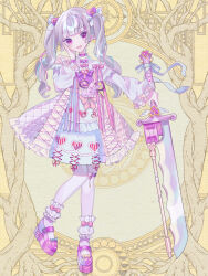  1girl :d ankle_garter bare_shoulders blue_bow blue_hair blue_nails blunt_bangs bow bowtie brooch candy clothing_cutout collar collared_dress cross-laced_clothes curly_hair dairoku_ryouhei dress earrings empire_waist food food-themed_clothes food-themed_earrings food_themed_earrings footwear_bow frilled_dress frilled_sleeves frills full_body greatsword grey_hair hair_bow hair_ornament hand_on_own_cheek hand_on_own_face heart heart_brooch heart_hair_ornament heart_print highres holding holding_sword holding_weapon jewelry knees_together_feet_apart long_hair long_sleeves mary_janes multicolored_nails open_mouth orange_nails otogawa_(tw) pantyhose pink_bow pink_dress pink_footwear pink_hair planted planted_sword planted_weapon platform_footwear puffy_long_sleeves puffy_sleeves purple_bow purple_bowtie purple_eyes rabbit_ornament shoes shoulder_cutout smile solo spiked_collar spikes standing strawberry_earrings sword thigh_strap tochigi_saline twintails two-tone_dress weapon white_dress white_pantyhose wrapped_candy yellow_background yume_kawaii 