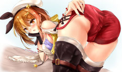 1girl absurdres all_fours annoyed ass atelier_(series) atelier_ryza bare_shoulders blush boots breasts brown_eyes brown_hair ebiko fingernails from_behind gloves hair_ornament hairclip hat highres long_fingernails looking_at_viewer looking_back nail_polish open_mouth red_shorts reisalin_stout sharp_fingernails shiny_clothes shiny_skin short_hair short_shorts shorts sideboob single_glove solo thigh_boots thighhighs rating:Questionable score:5 user:armorcrystal