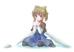 1girl angel_wings blush boots brown_eyes brown_hair cold dobato hair_ribbon hands_up long_sleeves open_mouth original pantyhose ribbon shadow short_hair short_sleeves simple_background sitting skirt solo steam tsubame_(dobato) twintails wariza white_background wings rating:Sensitive score:15 user:danbooru
