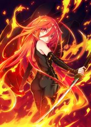  1girl alastor_(shakugan_no_shana) ass black_background bodysuit fiery_hair fire floating_hair from_behind hair_between_eyes highres holding holding_sword holding_weapon long_hair looking_at_viewer looking_back red_eyes red_hair rokushou shakugan_no_shana shana skin_tight solo standing sword very_long_hair weapon 