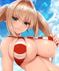 1girl :3 areola_slip bad_id bad_pixiv_id bikini bikini_pull blonde_hair blue_eyes blue_sky blush breasts closed_mouth clothes_pull cloud cloudy_sky cocq_taichou covered_erect_nipples criss-cross_halter day fate/grand_order fate_(series) hair_between_eyes hair_intakes half-closed_eyes halterneck large_breasts long_hair looking_at_viewer navel nero_claudius_(fate) nero_claudius_(fate)_(all) nero_claudius_(swimsuit_caster)_(fate) outdoors sidelocks sky smile solo striped_bikini striped_clothes swimsuit tsurime twintails upper_body wet rating:Questionable score:78 user:danbooru