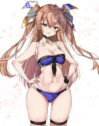  1girl bikini blue_bikini blush breasts brown_eyes chigasaki_yukari choker cleavage commission cowboy_shot front-tie_bikini_top front-tie_top hair_between_eyes hair_ornament hair_ribbon hands_on_own_hips highres johnston_(kancolle) johnston_kai_(swimsuit_mode)_(kancolle) kantai_collection light_brown_hair long_hair looking_at_viewer medium_breasts narrow_waist official_alternate_costume open_mouth ribbon simple_background skeb_commission solo sweat swimsuit two_side_up very_long_hair wide_hips 