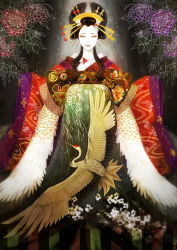 1girl bird black_hair colored_skin crane_(animal) geisha highres japanese_clothes kimono makeup oiran original solo uraki_(tetsu420) white_skin wide_sleeves rating:Sensitive score:27 user:danbooru