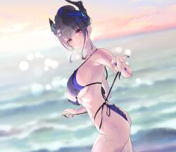  1girl absurdres ass bikini black_hair blue_bikini blue_hair blue_nails blurry blurry_background breasts closed_mouth demon_horns from_side fueppu gradient_sky hair_bun hair_ornament highres holding_strap hololive hololive_english horns large_breasts looking_at_viewer mole mole_under_eye multicolored_hair nerissa_ravencroft outdoors red_eyes side-tie_bikini_bottom sideboob sky smile solo strap_gap swimsuit two-tone_hair virtual_youtuber wet 