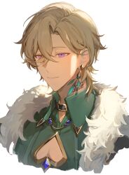  1boy aventurine_(honkai:_star_rail) black_collar blonde_hair blue_gemstone closed_mouth clothing_cutout collar collared_shirt crossed_bangs earrings fur_trim gem gold_trim green_shirt hair_between_eyes heart_cutout highres honkai:_star_rail honkai_(series) jewelry looking_to_the_side male_focus neck_tattoo pink_eyes shirt short_hair simple_background sin_82 single_earring smile solo tattoo upper_body white_background 
