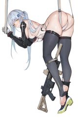 1girl absurdres ass assault_rifle bent_over black_thighhighs blue_hair blush commentary_request cross_hair_ornament full_body girls&#039;_frontline green_eyes gun h&amp;k_hk416 hair_ornament highres hk416_(girls&#039;_frontline) hk416_(midnight_evangelion)_(girls&#039;_frontline) iuui leotard light_blue_hair long_hair looking_at_viewer looking_back parted_lips resolution_mismatch rifle shoes single_shoe skindentation smile solo source_smaller stirrup_legwear thighhighs toeless_legwear weapon rating:Sensitive score:79 user:danbooru