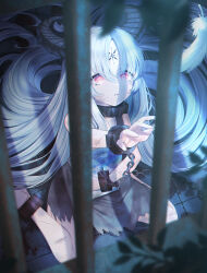 1girl absurdly_long_hair absurdres bars black_dress book bound bound_feet bound_wrists chain commentary_request cuffs dress facial_mark feathers forehead_mark grey_hair highres holding holding_book horns leaf long_hair lushuao open_mouth original pink_eyes prison scar solo tears torn_clothes torn_dress very_long_hair white_hair 